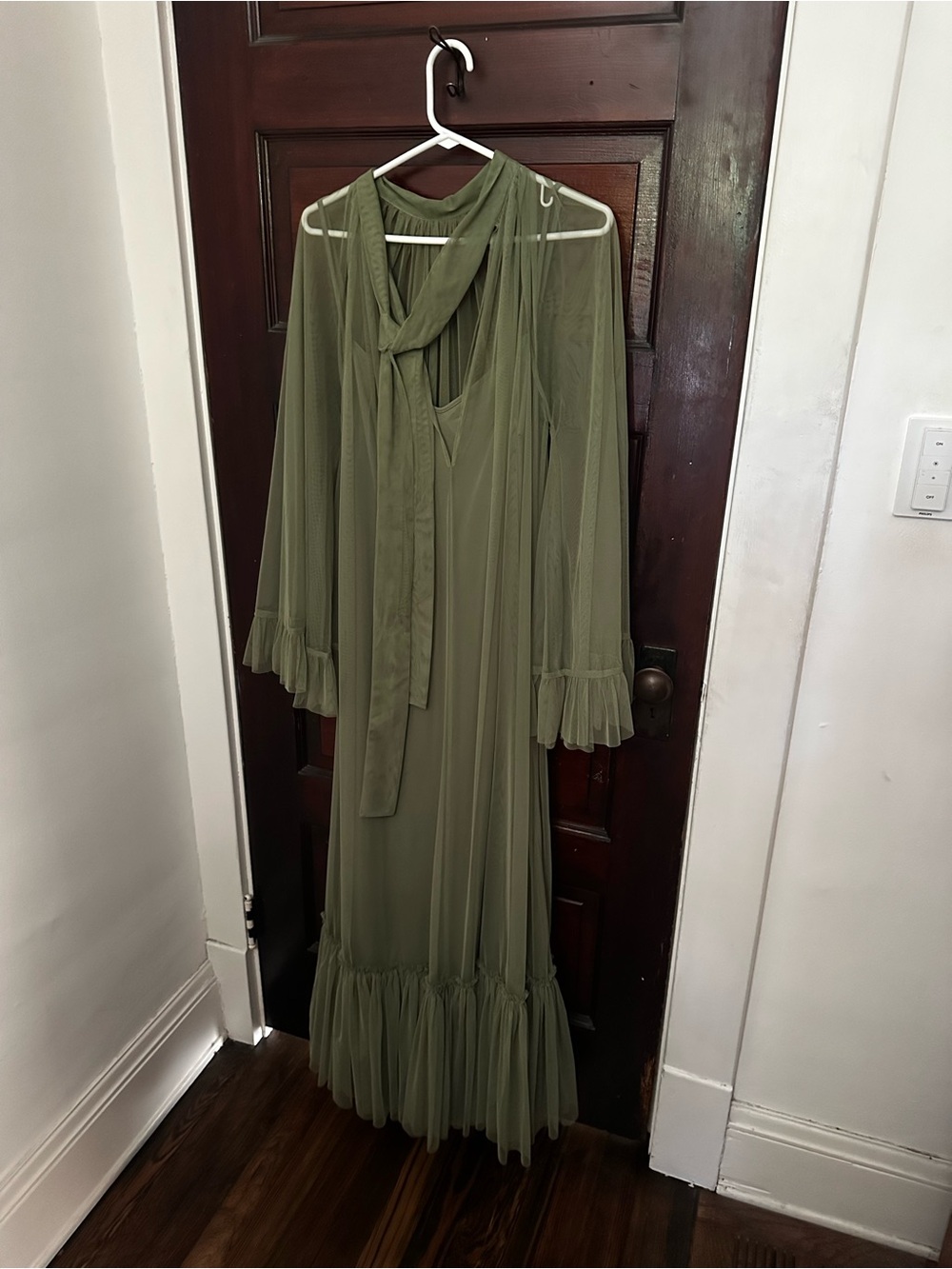 Lace & Beads Olive Green Maxi Mesh Dress with Ruffle Hem - Picture 4 of 7